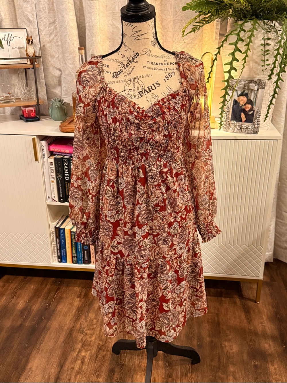 Maurices | Women's Rust Floral Long-Sleeve Smocked Dress